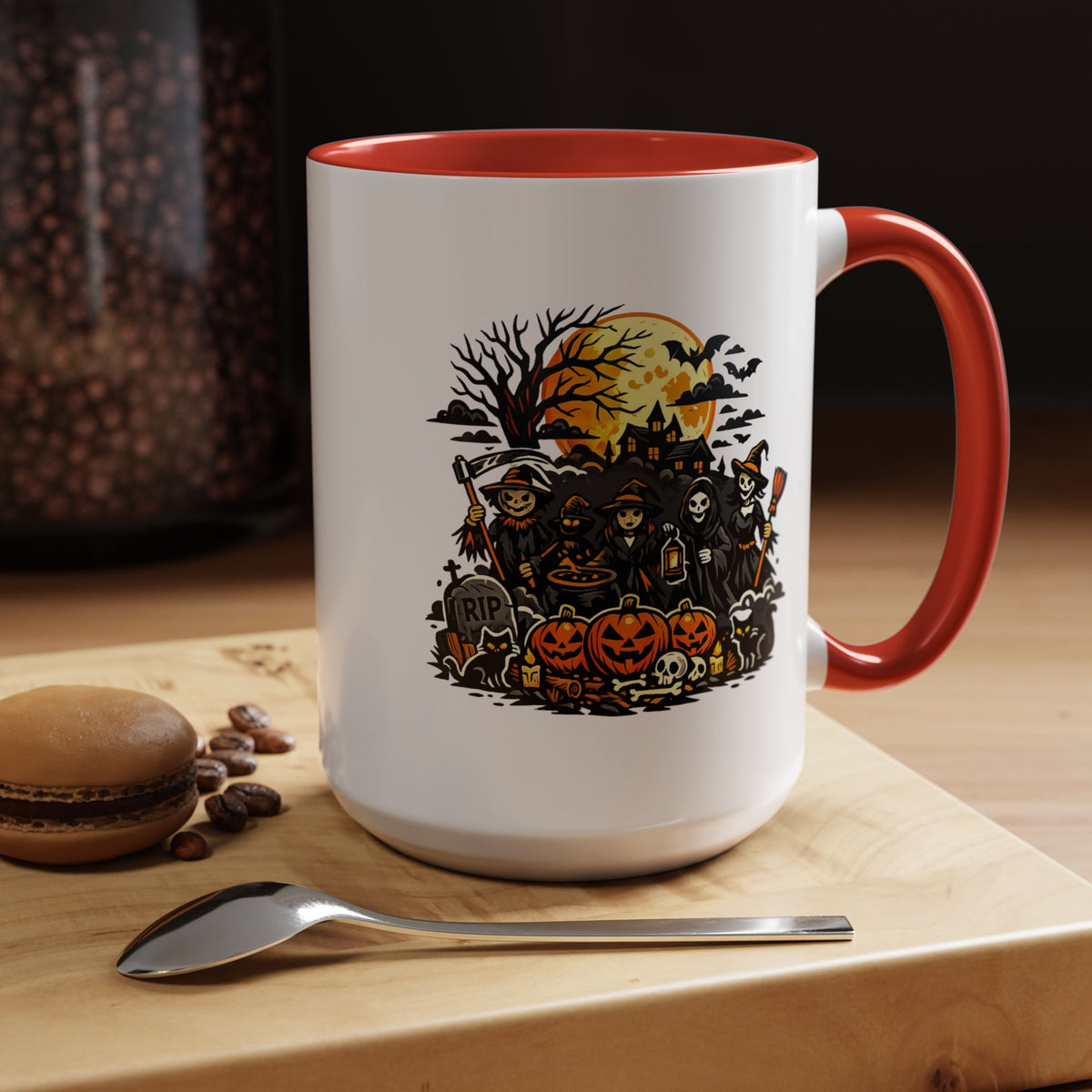 Halloween Witch Coffee Mug, Spooky Reaper and Pumpkin Cup, Gothic Horror Gift for Halloween Lover, Haunted House October Drinkware
