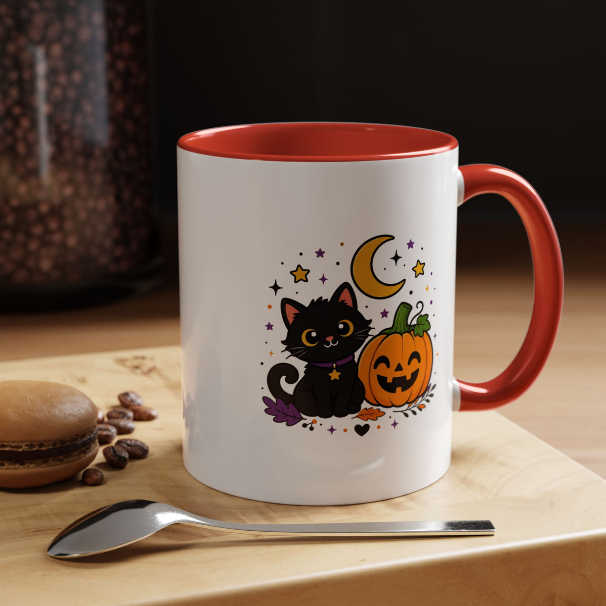 Cute Black Cat Halloween Mug, Pumpkin and Moon Coffee Cup, Spooky Season Gift for Cat Lover, Fall Birthday Present, Witchy Fall Decor
