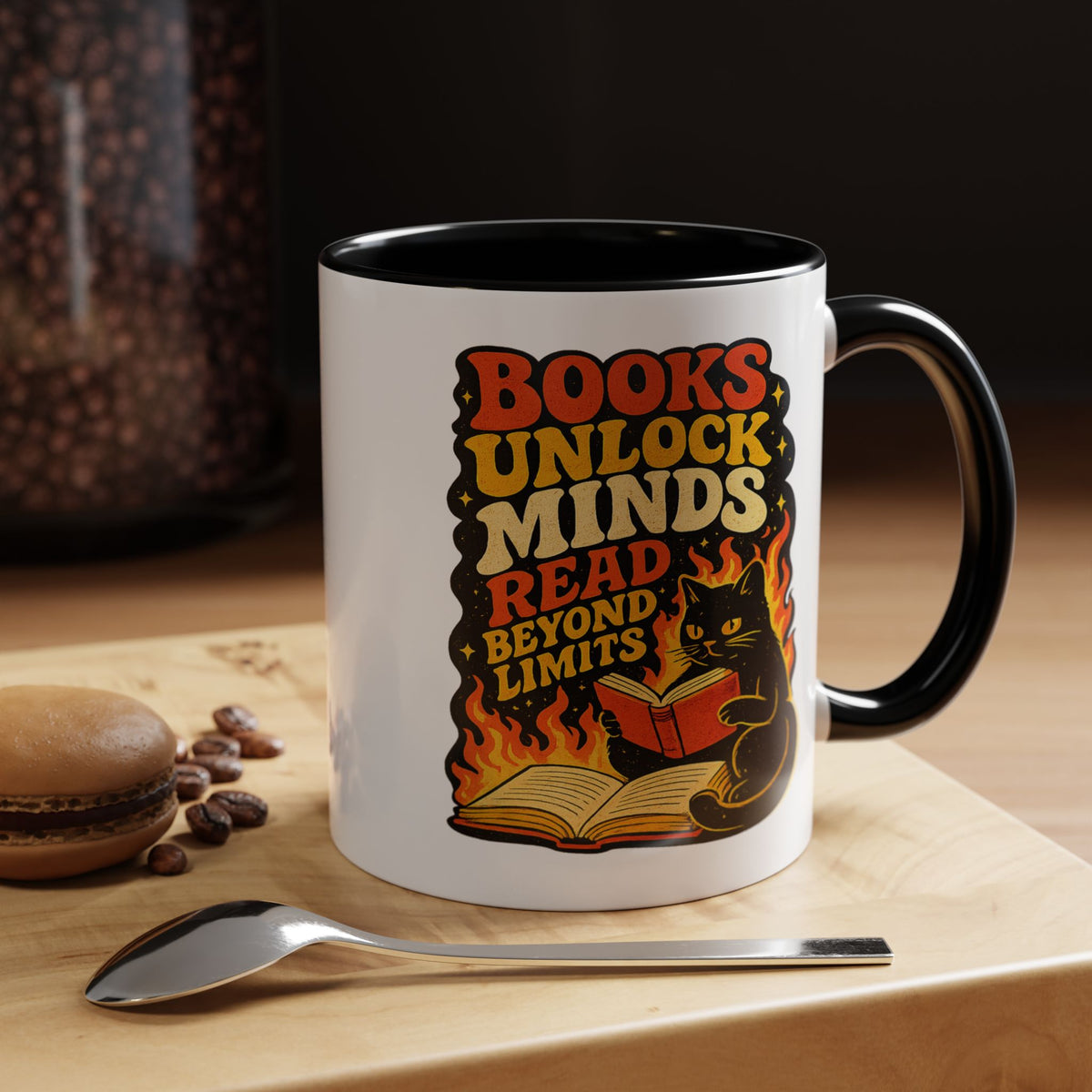 Book Lover Cat Coffee Mug, Reading Cat Mug for Bookworms, Literary Gift for Readers, Librarian Teacher Cup, Books Unlock Minds
