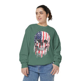 American Flag Skull Sweatshirt, Distressed Patriotic Graphic for Biker Outfits, Fourth of July Style, Birthday Gift for Skull Art Lovers