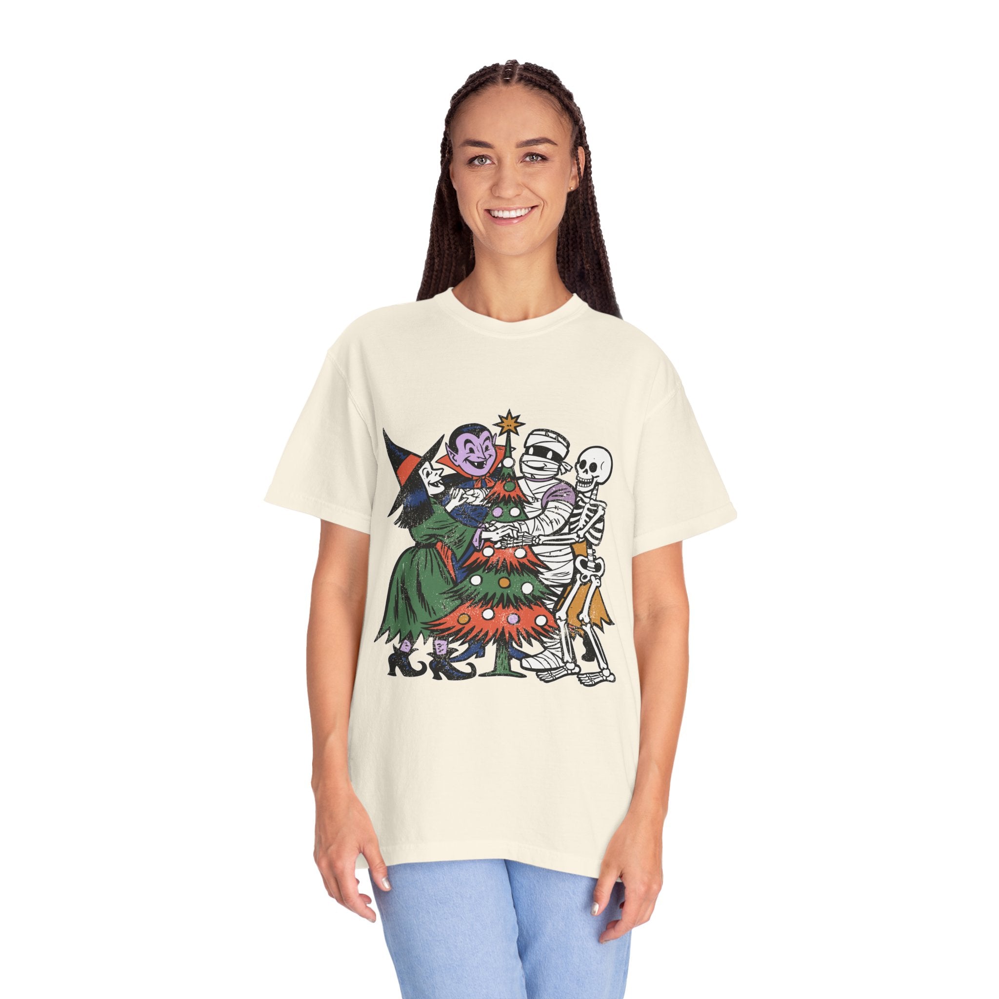 Spooky Christmas Shirt, Halloween Holiday Mashup T-Shirt, Witch Vampire Mummy and Skeleton Tree Tee, Gothic Christmas Gift for Horror Fan