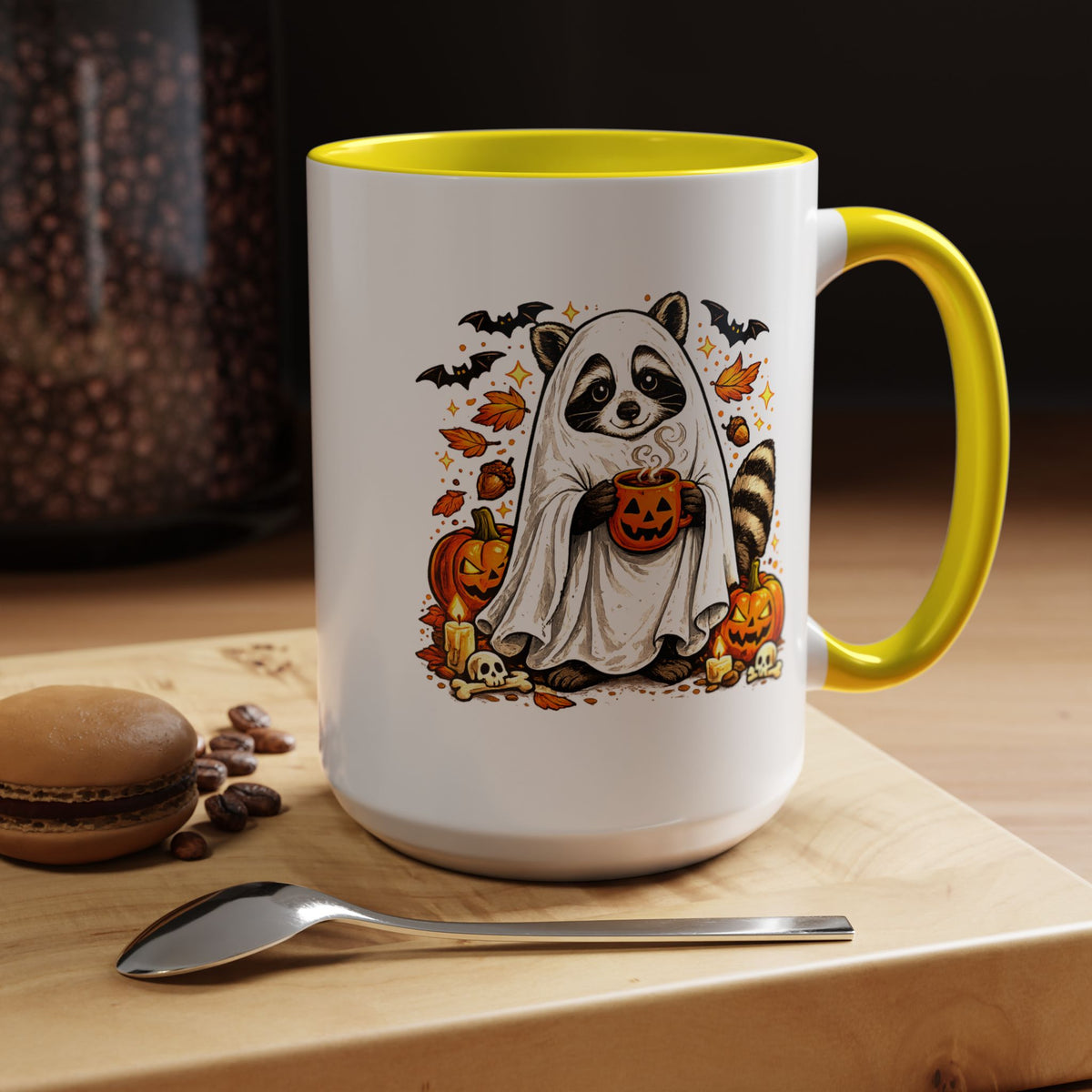 Cute Raccoon Halloween Mug, Ghost Costume Coffee Cup, Spooky Pumpkin Gift for Animal Lover, Fall Birthday or October Office Desk Decor