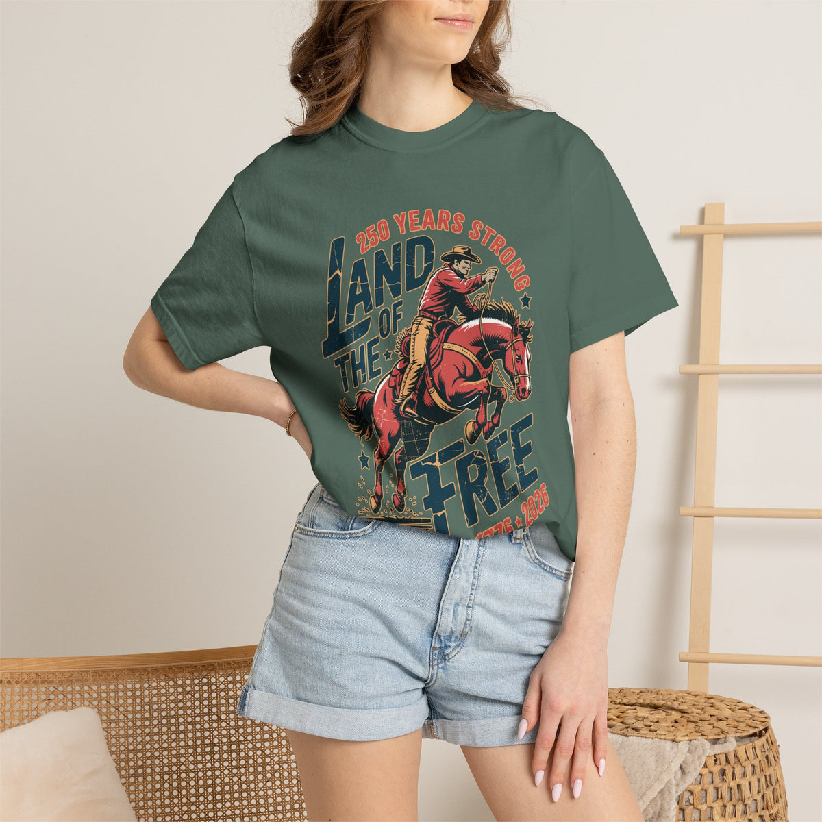 Land of the Free 250 Years Strong Comfort Colors Shirt, America 250th Anniversary Tee, Patriotic Cowboy Graphic Shirt, USA 1776-2026