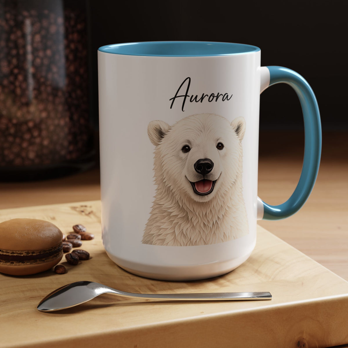 Custom Polar Bear Coffee Mug with Name, Personalized Arctic Animal Gift for Kids, Cute Winter Holiday Ceramic Tea Cup with Orange Handle