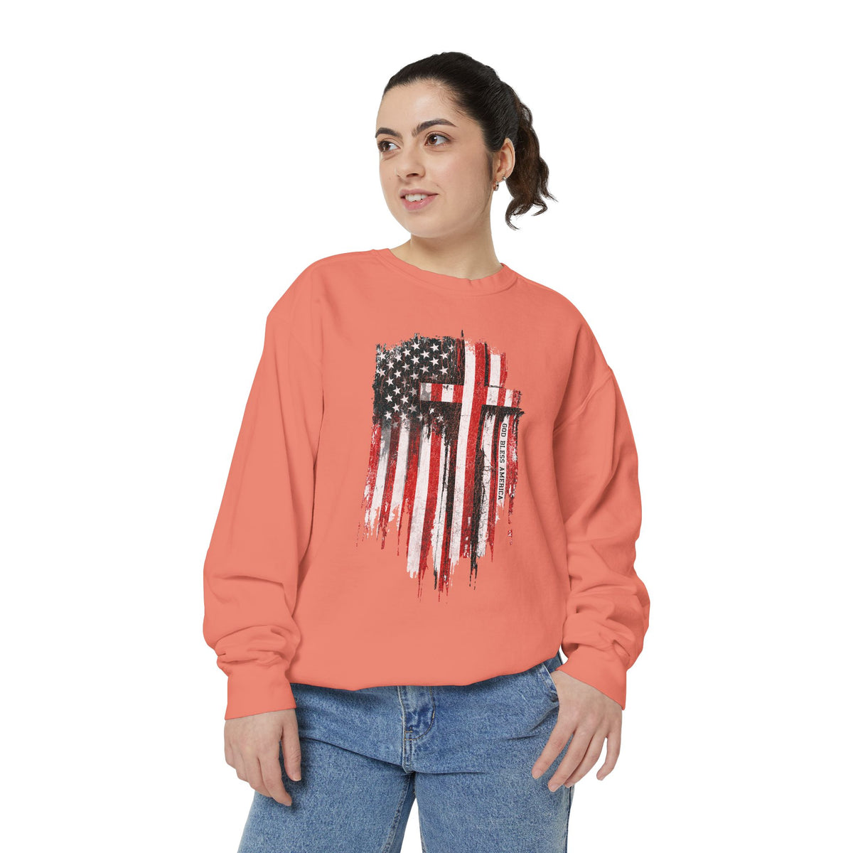 God Bless America Sweatshirt, Distressed American Flag and Cross Graphic, Patriotic Christian Gift for Church Events and Everyday Faith