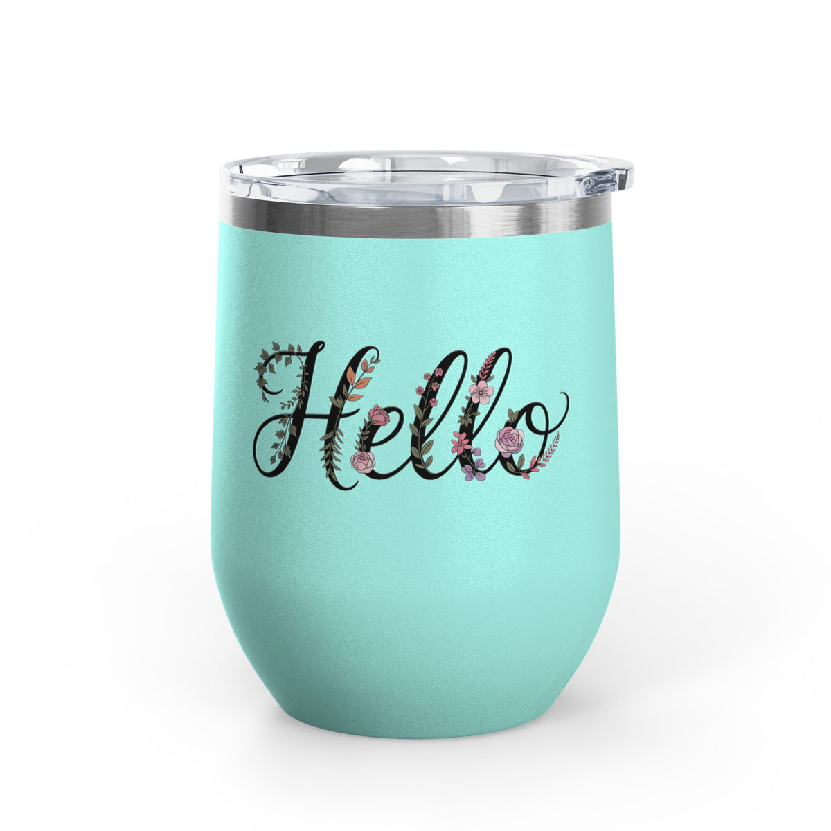 Floral Hello Wine Tumbler, Botanical Drinkware for Women, Spring Coffee Cup, Floral Gift for Her, Cute Everyday Wine Glass