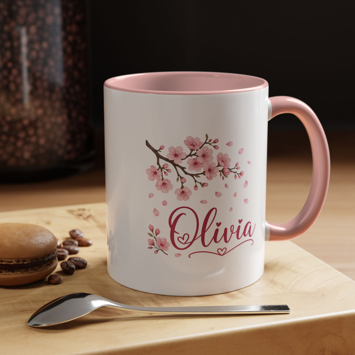 Personalized Name Mug, Pink Cherry Blossom Black Accent Coffee Cup, Custom Name Gift for Her, Girl, Daughter, Birthday or Nursery Keepsake