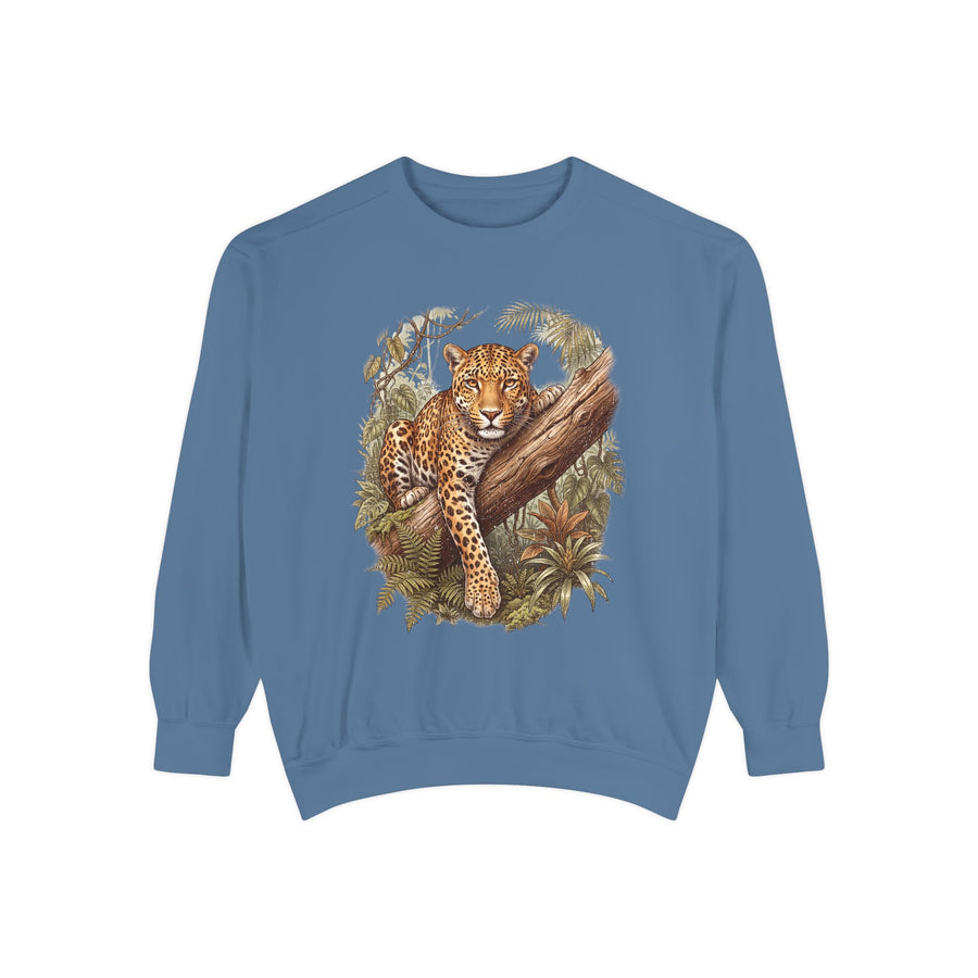 A dark gray crewneck sweatshirt printed with a leopard lounging on a tree branch surrounded by jungle leaves.