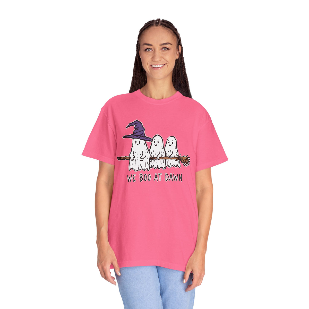 We Boo at Dawn Ghost Shirt, Funny Halloween Witch Broom Graphic Tee, Cute Spooky Season Gift for Friends and Ghost Lovers, October Outfit