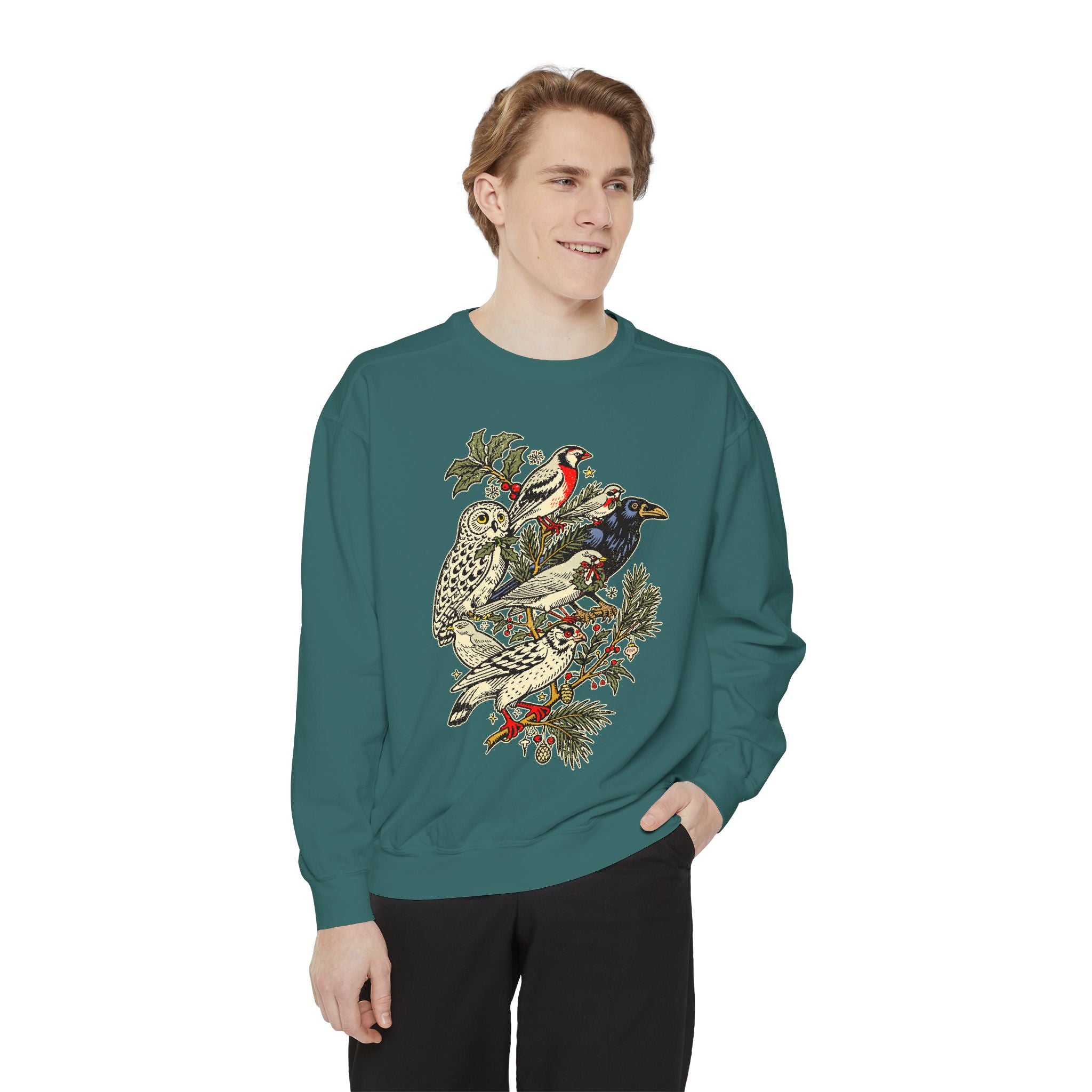 Winter Birds Graphic Sweatshirt, Vintage Woodland Pullover for Bird Lovers, Festive Nature Top, Cozy Christmas Gift for Birdwatchers