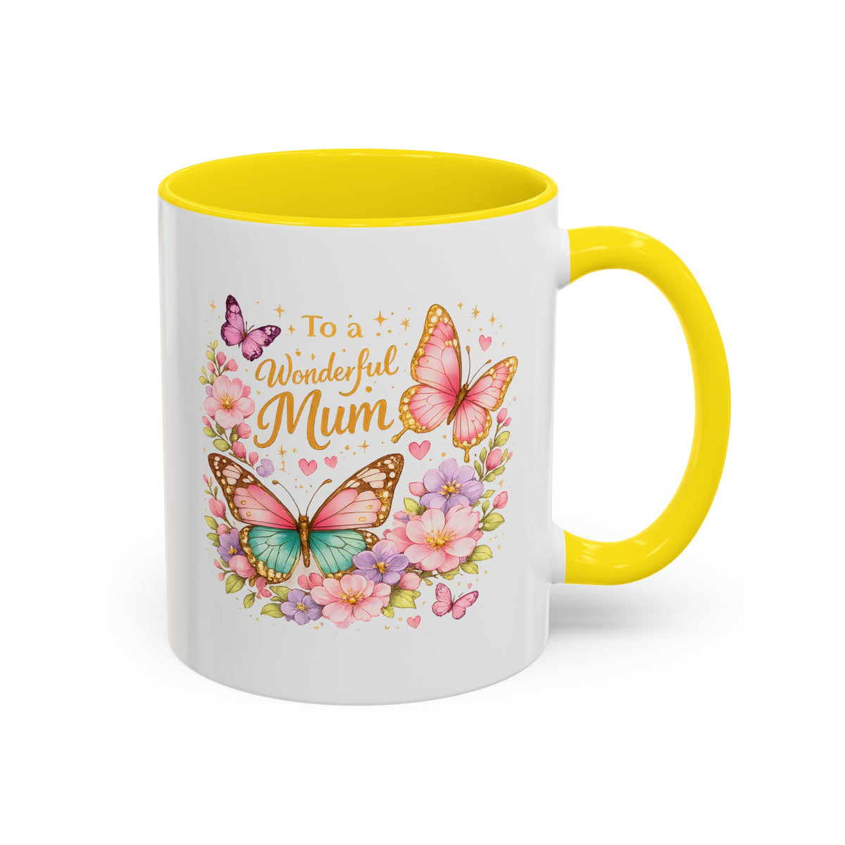 To a Wonderful Mum Coffee Mug, Cute Butterfly Birthday Gift for Mother, Floral Pastel Watercolor Ceramic Tea Cup with Pink Handle, Mum Gift