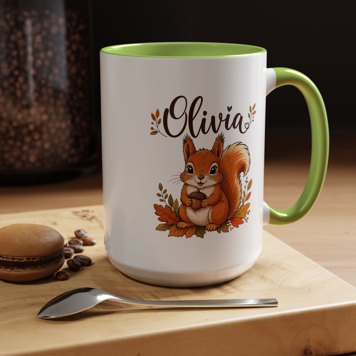 Personalized Squirrel Mug with Name, Autumn Woodland Coffee Cup, Cute Fall Animal Gift for Daughter, Nature Lover Birthday Keepsake