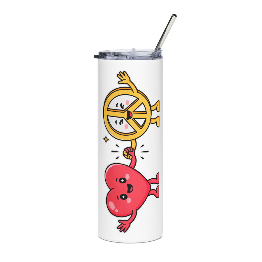 A white stainless steel skinny tumbler with a clear lid and metal straw, printed with a smiling cartoon red heart holding hands with a smiling yellow peace sign character, with small sparkles.