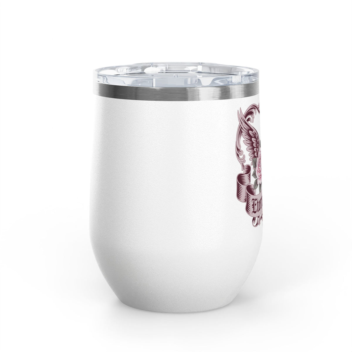 Eternal Love Wine Tumbler, Gothic Rose and Angel Wings Design, Romantic Anniversary Gift for Her, Vintage Tattoo Style Drinkware