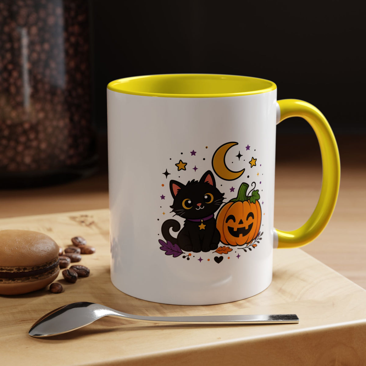 Cute Black Cat Halloween Mug, Pumpkin and Moon Coffee Cup, Spooky Season Gift for Cat Lover, Fall Birthday Present, Witchy Fall Decor