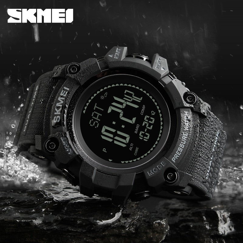 SKMEI black digital watch with green backlit LCD display and rugged black band