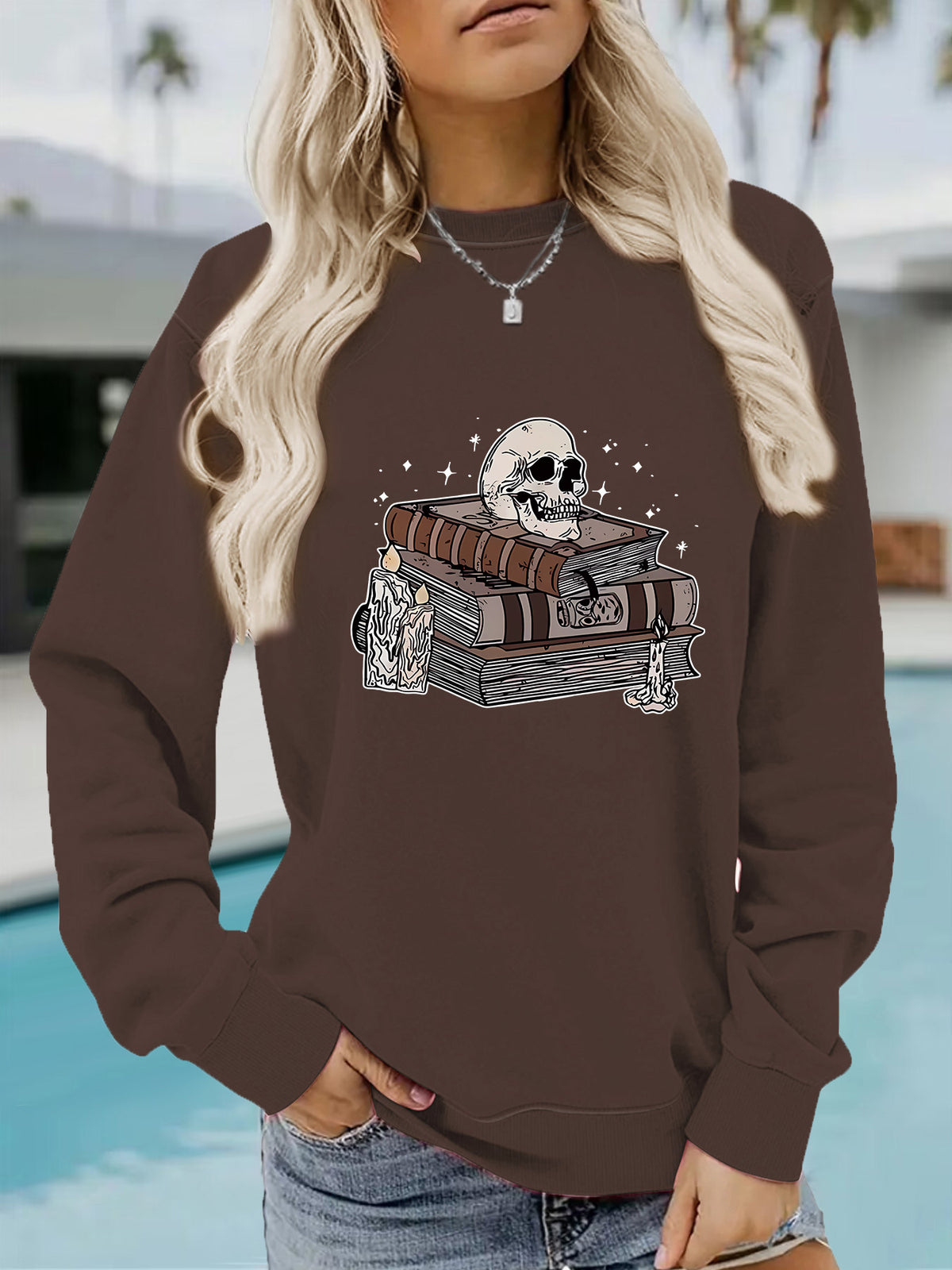 Skull Spell Books Sweatshirt, Halloween Graphic Crewneck Pullover