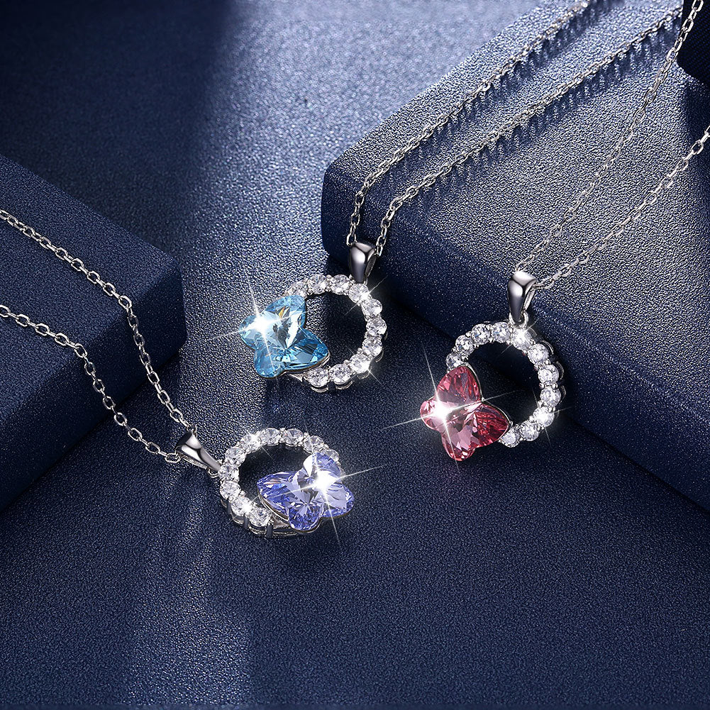 Lekani Sterling Silver s925 Necklace Crystal European And American Popular Purple Light Magic Butterfly Clavicle Chain Female