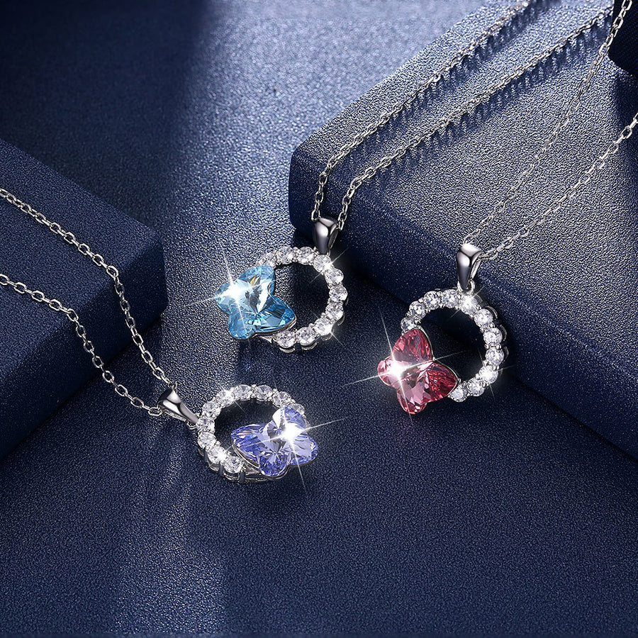 Lekani Sterling Silver s925 Necklace Crystal European And American Popular Purple Light Magic Butterfly Clavicle Chain Female