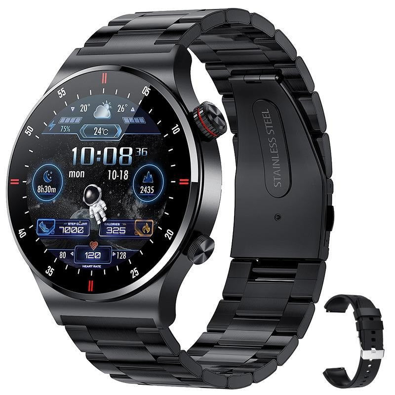 Silver round smart watch with black touchscreen display, stainless steel bracelet
