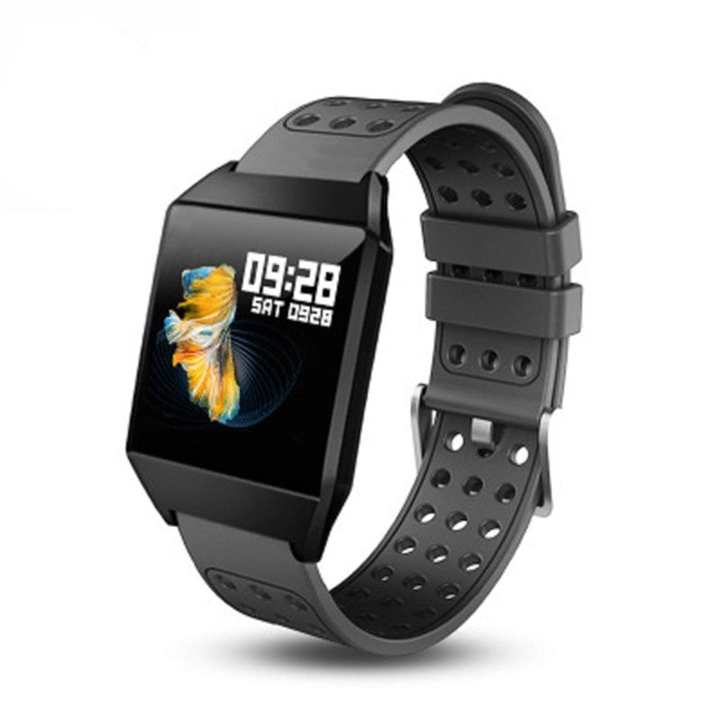Black square-face smart watch with digital heart rate display, silicone strap