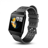 Black square-face smart watch with digital heart rate display, silicone strap
