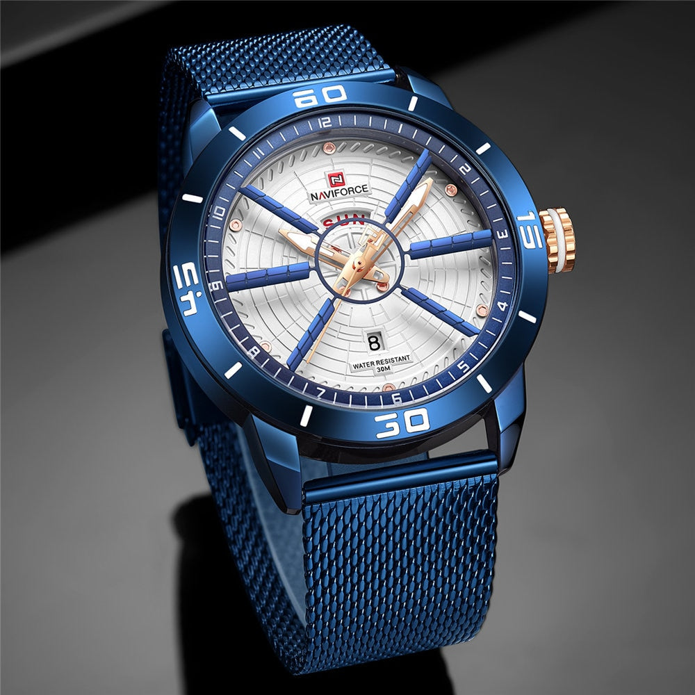 NAVIFORCE blue watch with mesh steel bracelet and white dial