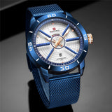 NAVIFORCE blue watch with mesh steel bracelet and white dial