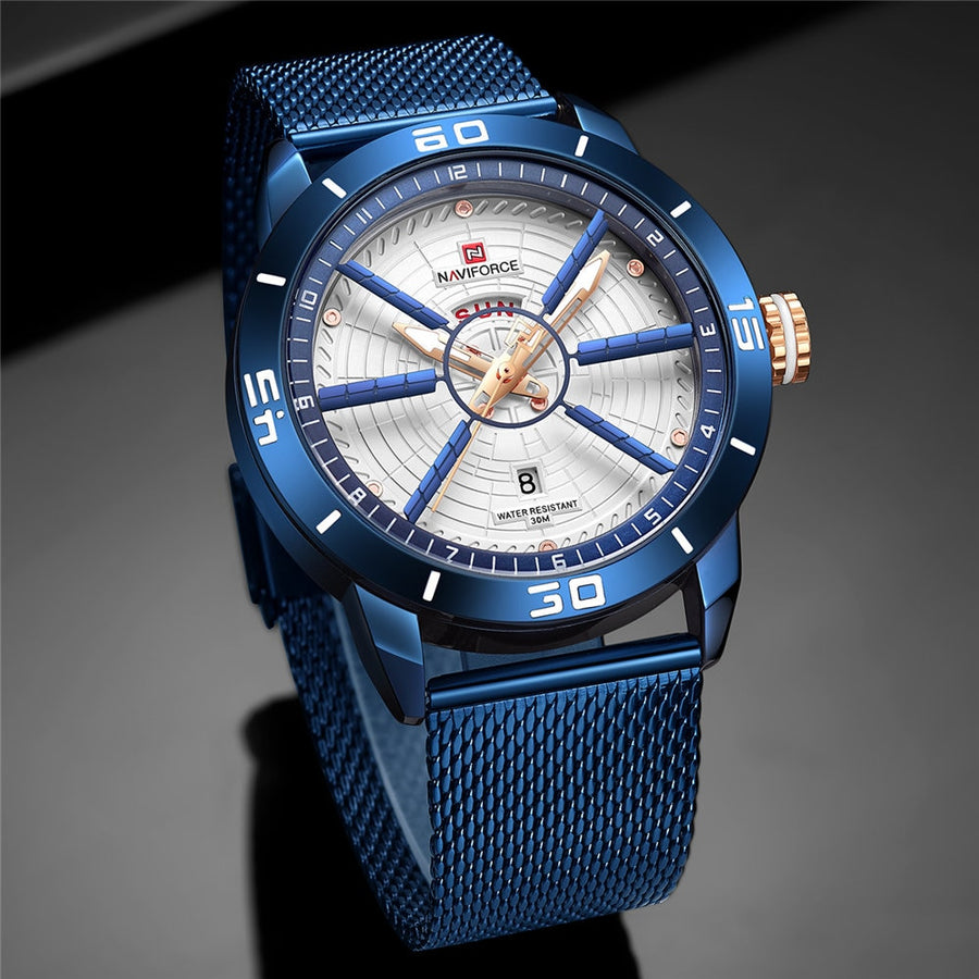 NAVIFORCE blue watch with mesh steel bracelet and white dial