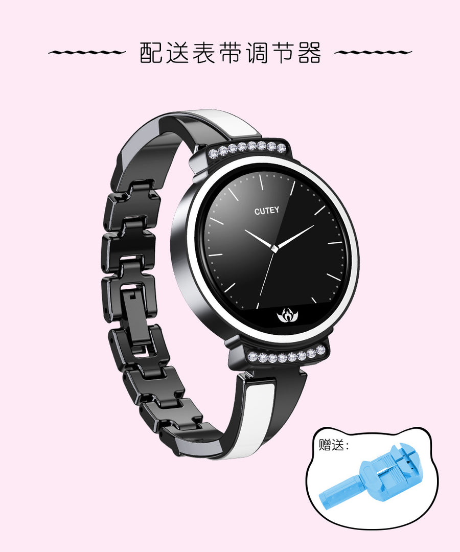Rose gold smartwatch with a pink floral dial, rhinestone bezel, and bracelet style band