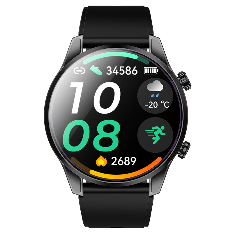 Black round smart watch with AMOLED screen showing weather, steps and time