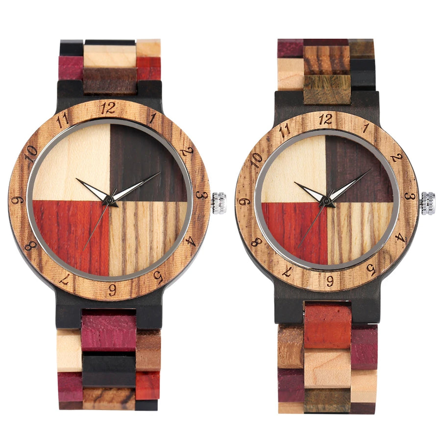 Two wood-dial quartz watches side by side with colorful patchwork wood bands, men's and women's sizes