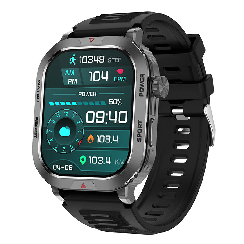 Black rectangular smart watch with a silver bezel and teal digital display showing steps, heart rate, and time.