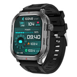 Black rectangular smart watch with a silver bezel and teal digital display showing steps, heart rate, and time.