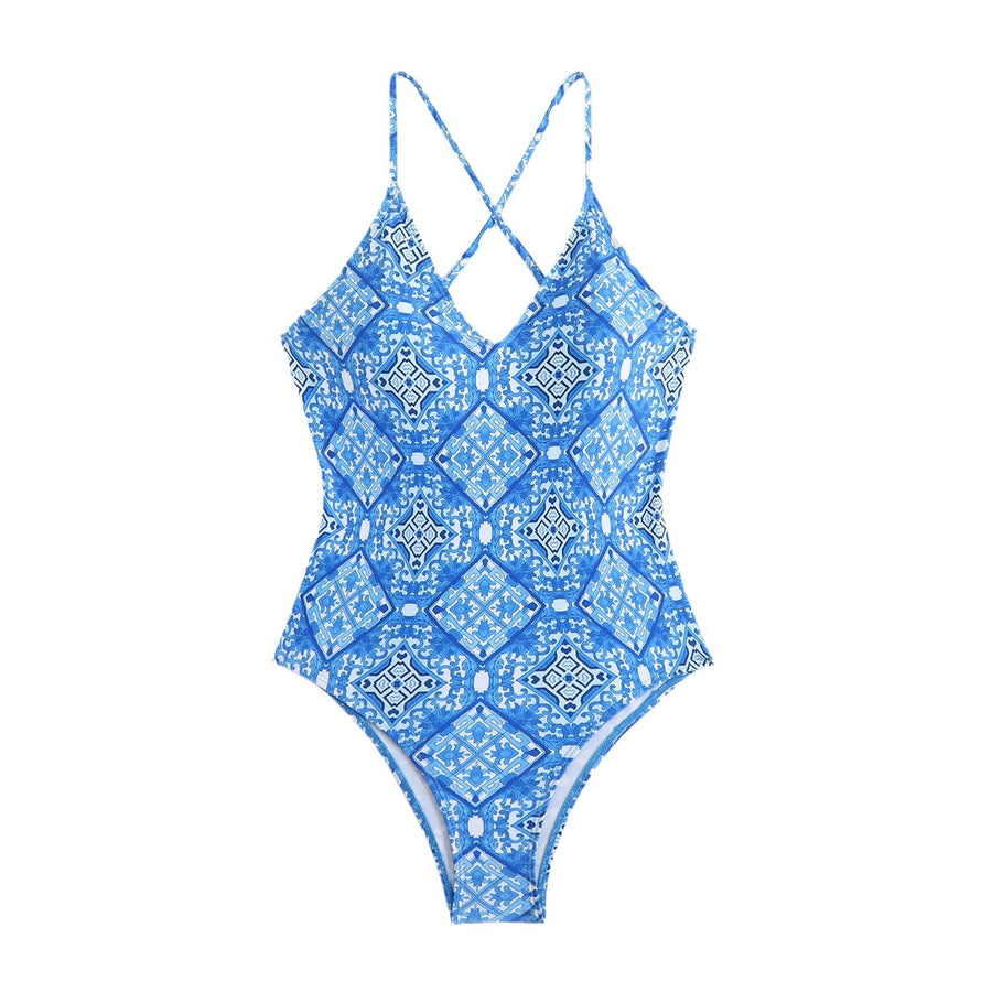 Ladies' one-piece triangle swimsuit with suspender print