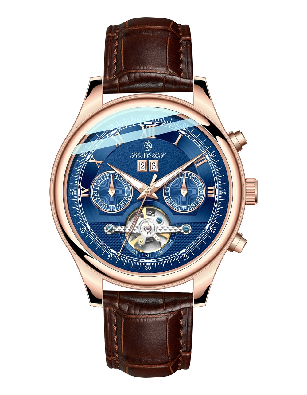 Rose gold automatic watch with blue dial, exposed movement window, brown leather strap