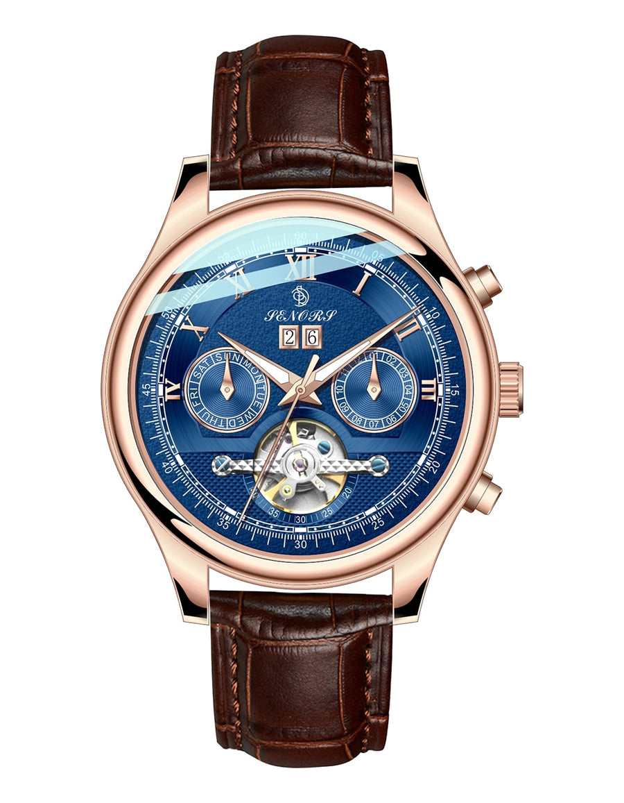Rose gold automatic watch with blue dial, exposed movement window, brown leather strap