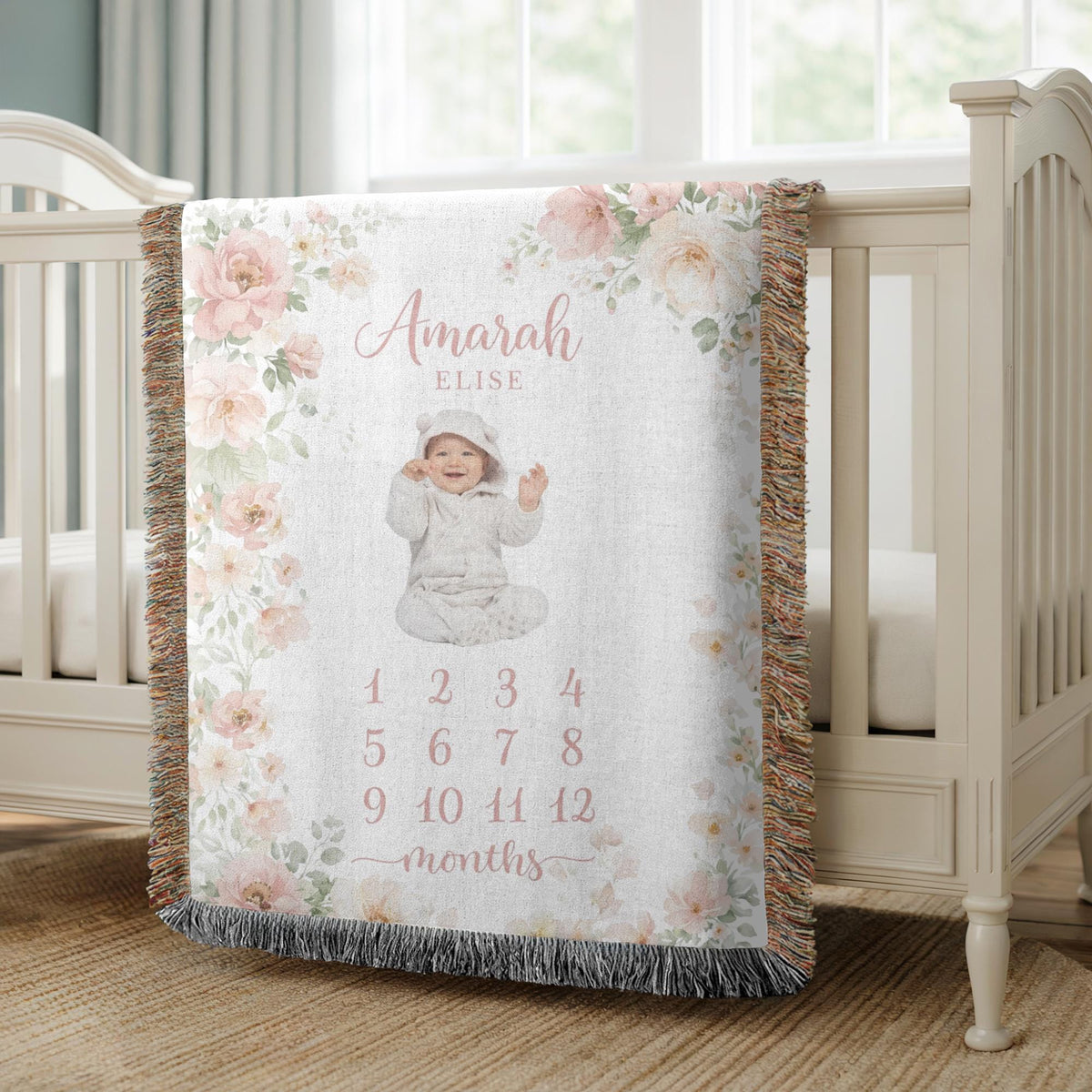 Personalized Baby Milestone Woven Blanket Floral Baby Blanket Monthly Photo Blanket Baby Shower Gift Nursery Decor