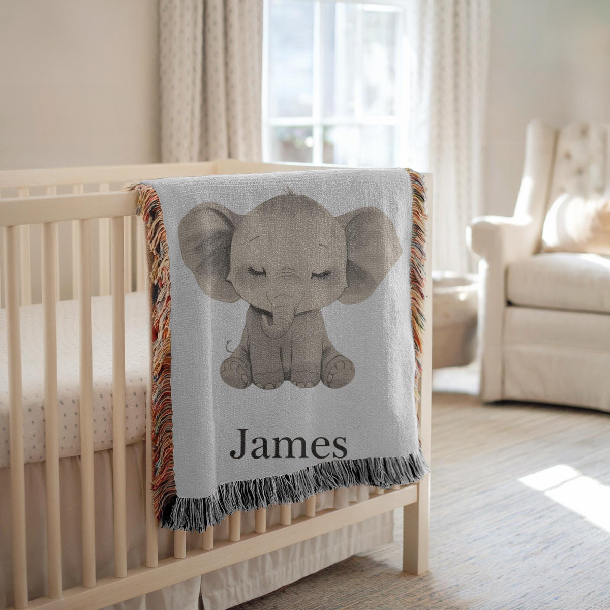 Personalized Elephant Woven Blanket Custom Baby Name Blanket Nursery Decor Keepsake Gift Baby Shower Gift