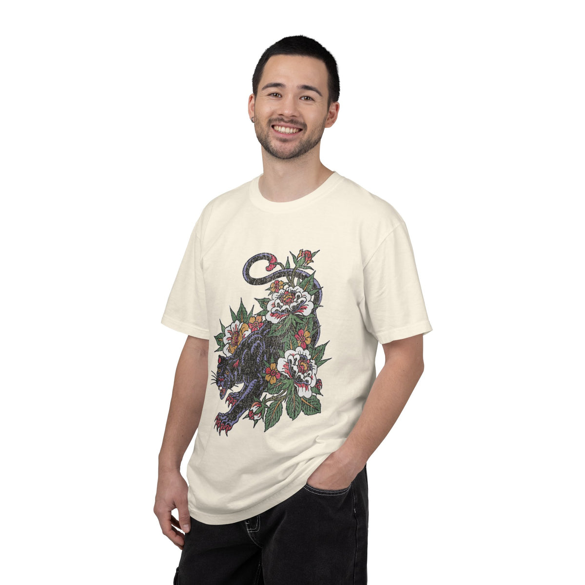 Traditional Panther Graphic Shirt, Floral Tattoo T-Shirt for Men and Women, Old School Big Cat Tee, Alternative Art Gift for Tattoo Fans
