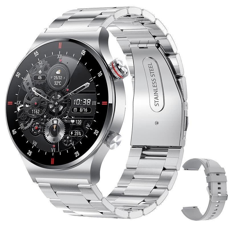 Silver round smart watch with black touchscreen display, stainless steel bracelet