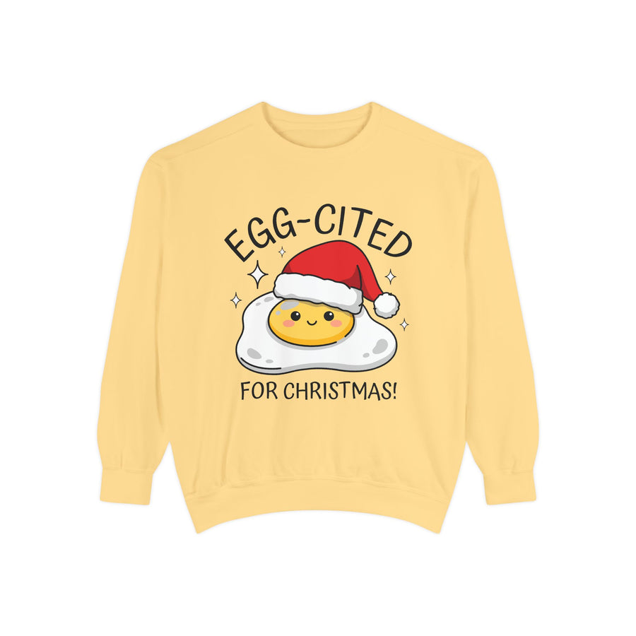 Egg-Cited for Christmas Sweatshirt, Funny Fried Egg Crewneck, Cute Food Pun Holiday Pullover, Christmas Breakfast Gift for Brunch Lover