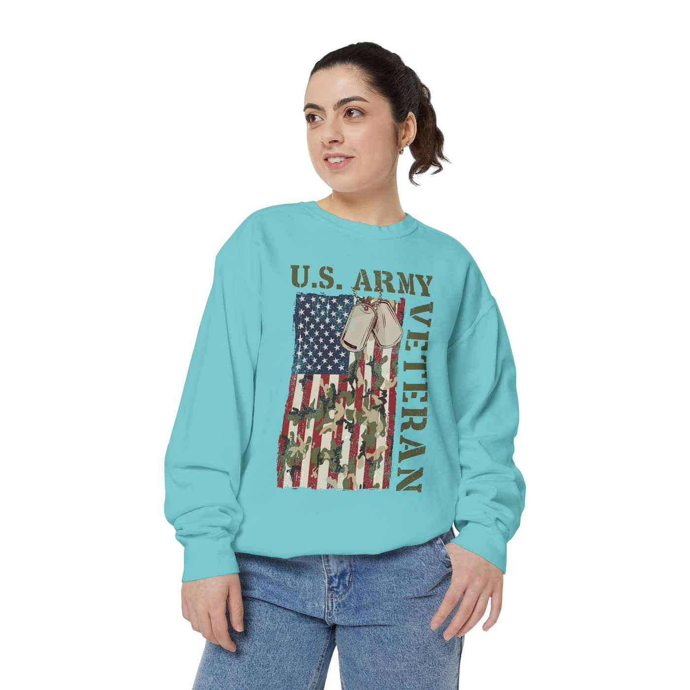 US Army Veteran Sweatshirt, American Flag Camo Crewneck, Military Dog Tag Pullover, Patriotic Soldier Gift, Retirement or Veterans Day Top