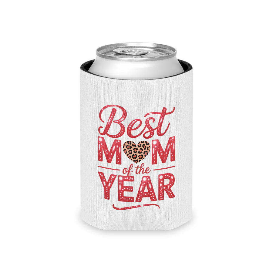 A white can cooler on a drink can, printed with "Best MOM of the YEAR" in red sparkle lettering with a leopard-print heart.