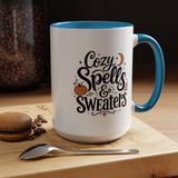 Cozy Spells and Sweaters Mug, Witchy Halloween Coffee Cup, Celestial Pumpkin Fall Gift for Her, Magical Spooky Season Drinkware