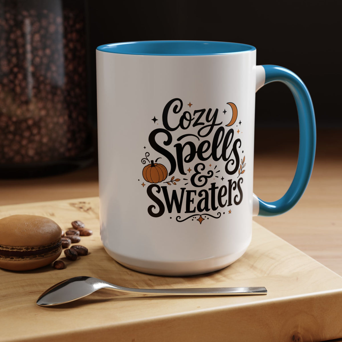 Cozy Spells and Sweaters Mug, Witchy Halloween Coffee Cup, Celestial Pumpkin Fall Gift for Her, Magical Spooky Season Drinkware