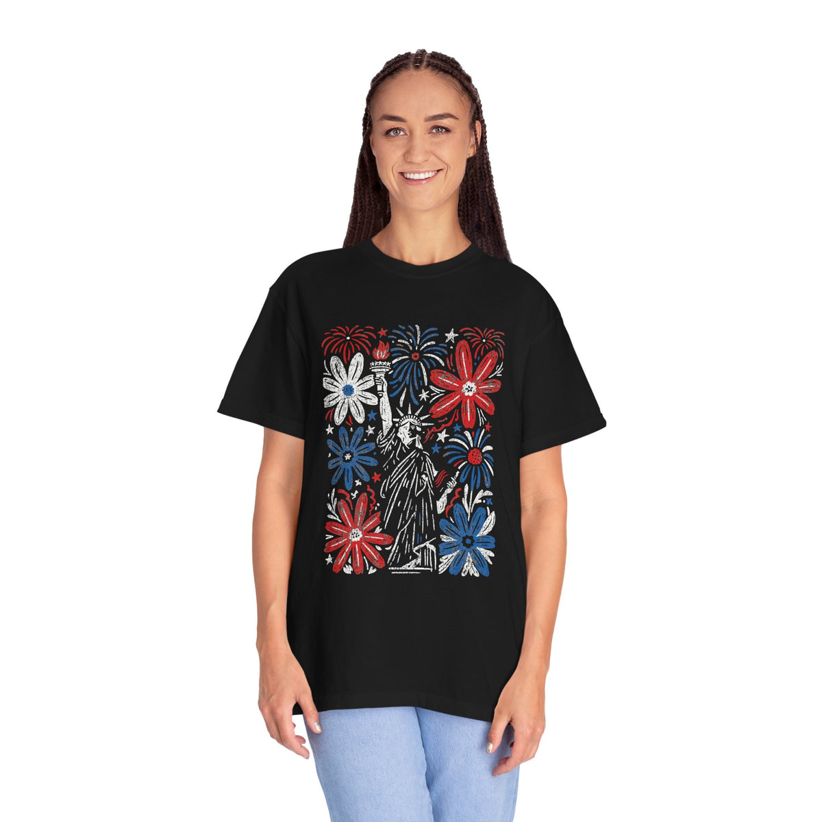 Patriotic Fireworks Shirt, Red White Blue Flower Graphic Tee, Americana T Shirt, Fourth of July Outfit, Vintage USA Gift for Women