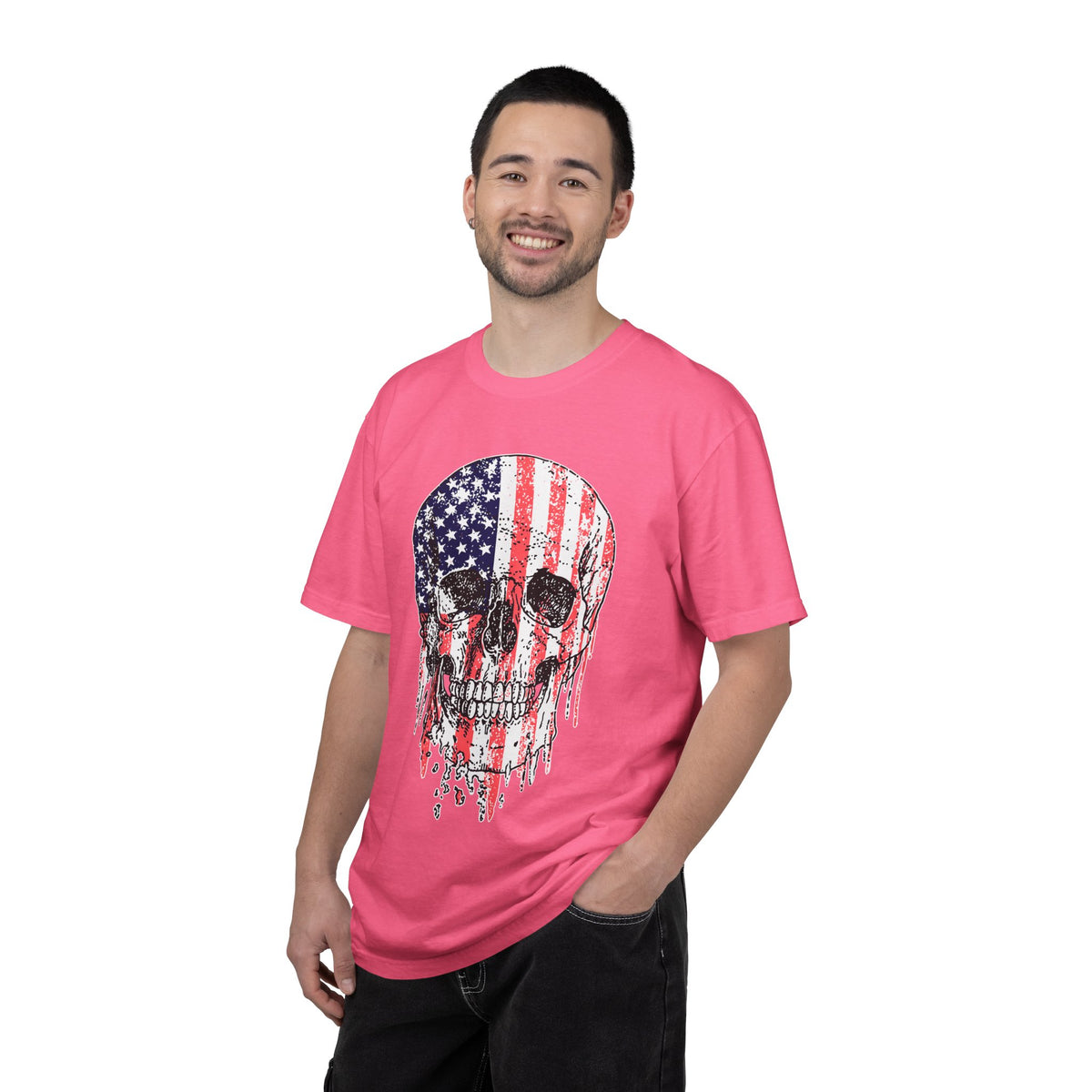 American Flag Skull Shirt, Distressed Patriotic Graphic for Biker Outfits, Fourth of July Style, Birthday Gift for Skull Art Lovers