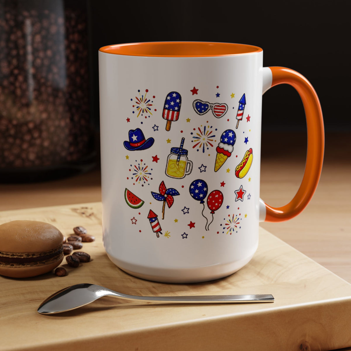 Patriotic Summer Celebration Mug, Fourth of July Coffee Mug, Americana Fireworks Cup, Red White Blue Holiday Gift