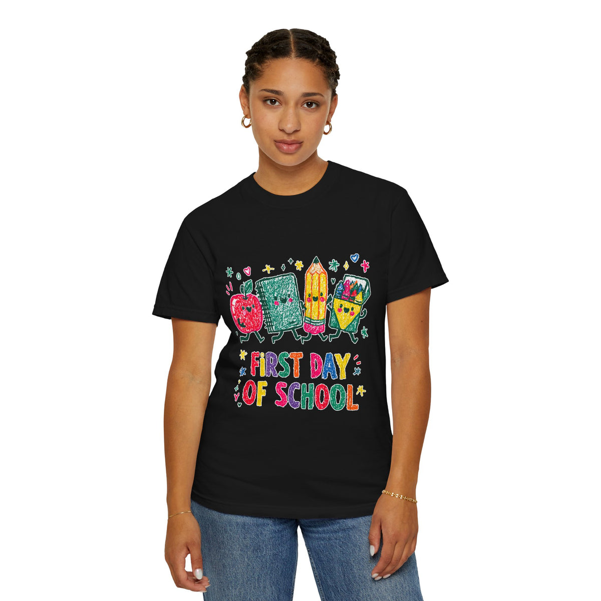 First Day of School T-Shirt, Colorful School Supplies Graphic Tee, Cute Teacher Outfit, Student Back to Class Gift, Classroom Shirt